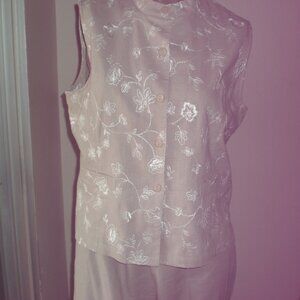 Coldwater Creek Tan 2pc Vest & Pants Floral Embroidery Size 12